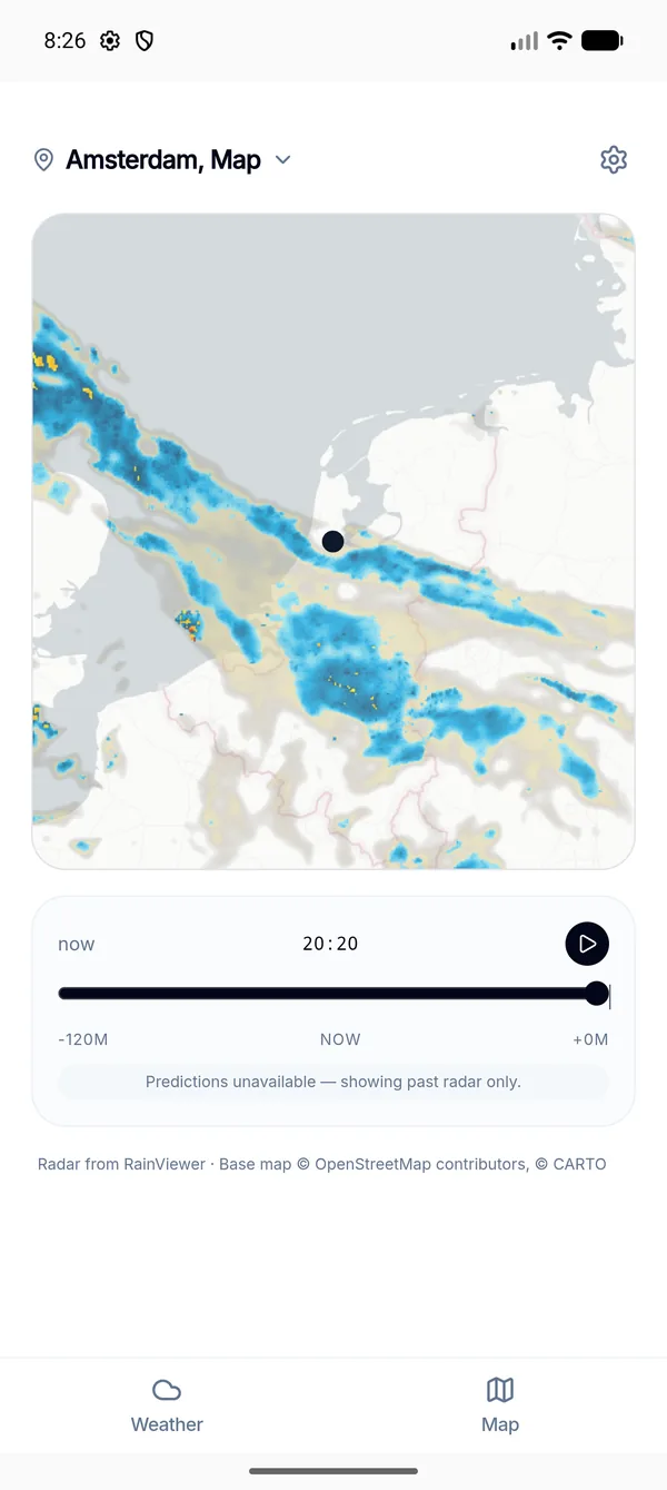 Rain radar over a light base map